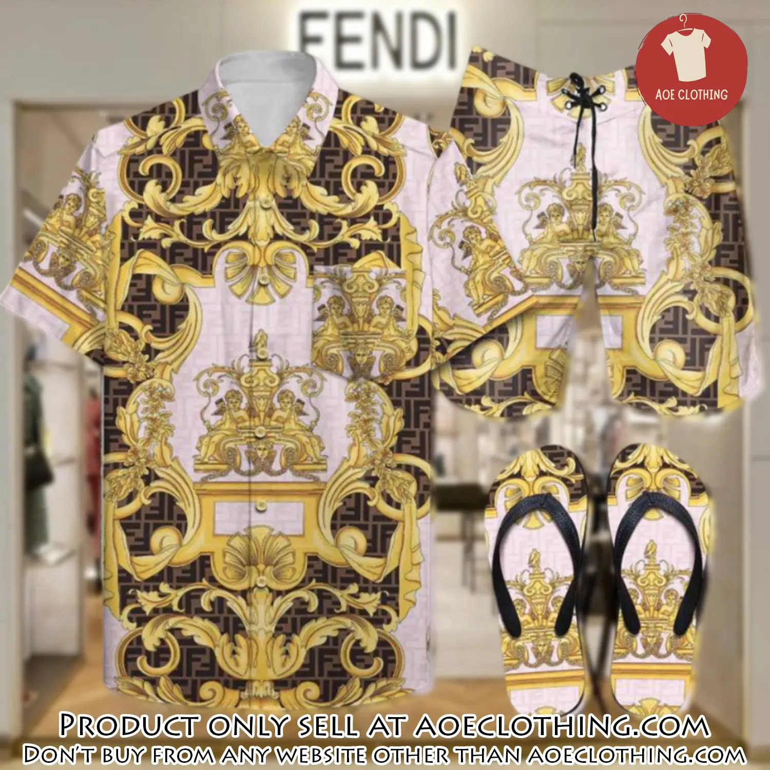 Fendi summer outfitsace flip flops and combo hawaii shirt shorts luxury brand summer outfit hsf318 aoe1924337